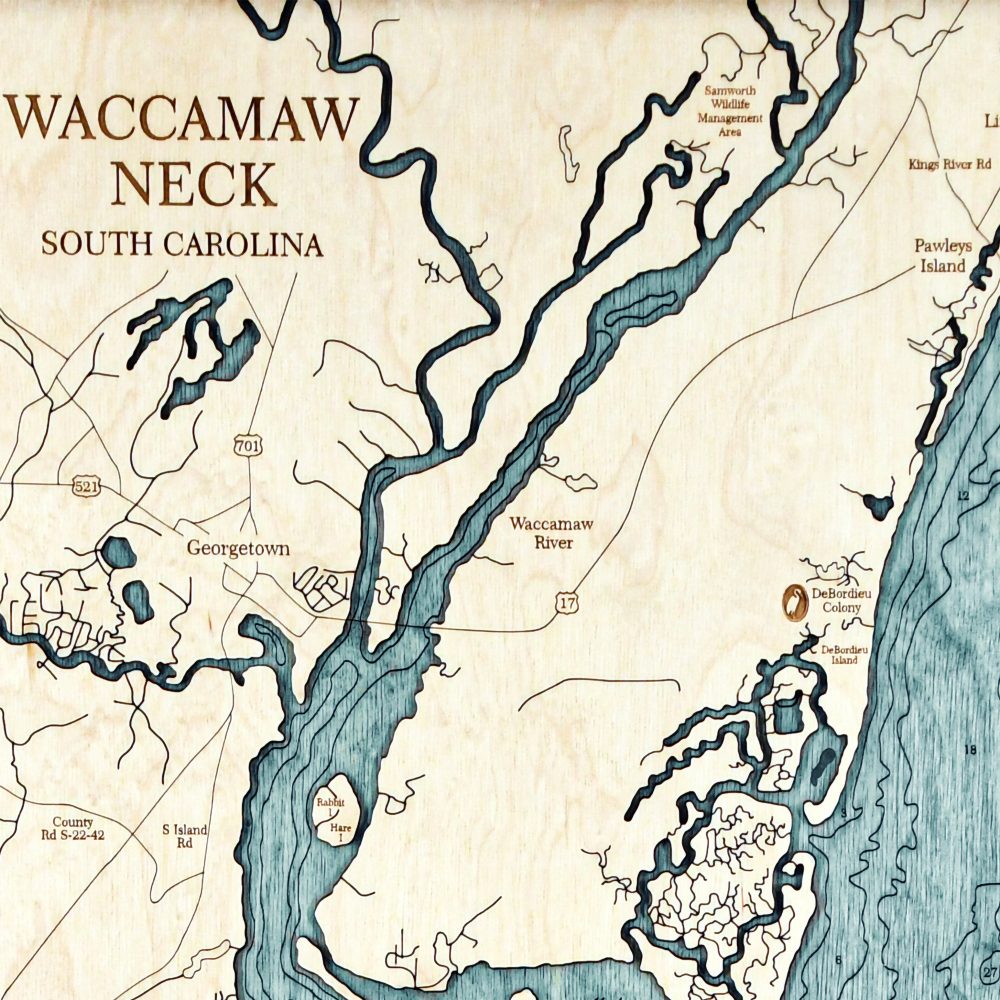 Waccamaw Neck Nautical Map Wall Art Oak Accent with Blue Green Water Detail Shot 1