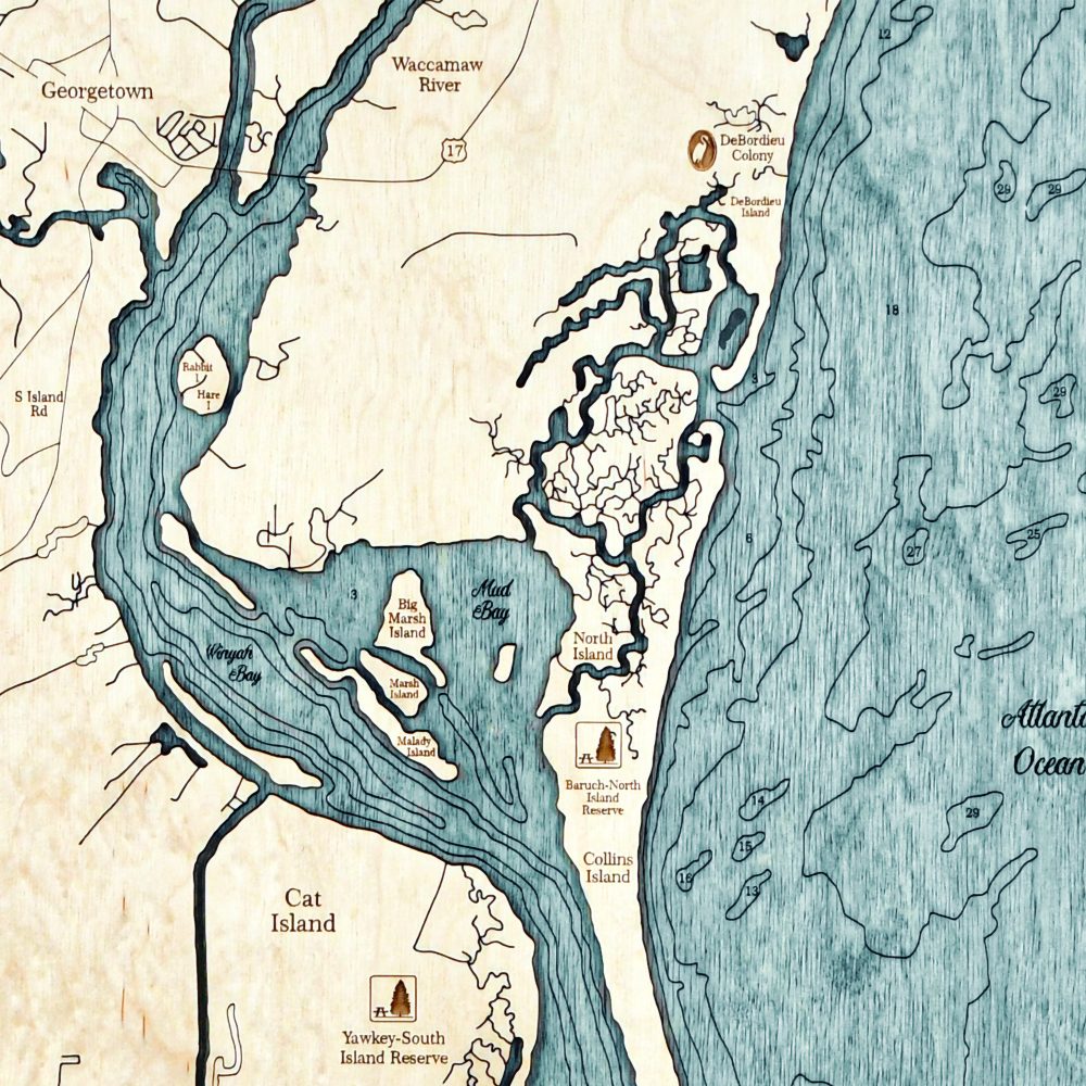 Waccamaw Neck Nautical Map Wall Art Oak Accent with Blue Green Water Detail Shot 2