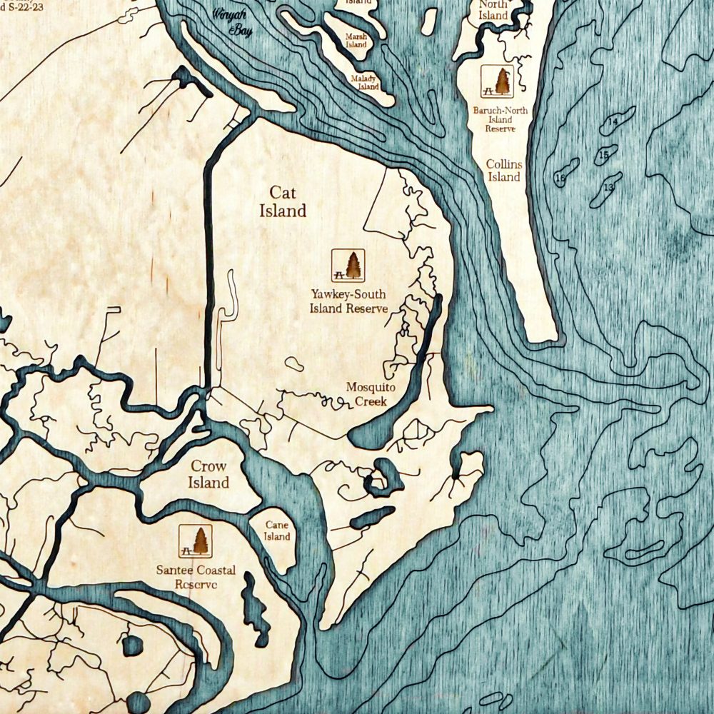 Waccamaw Neck Nautical Map Wall Art Oak Accent with Blue Green Water Detail Shot 3