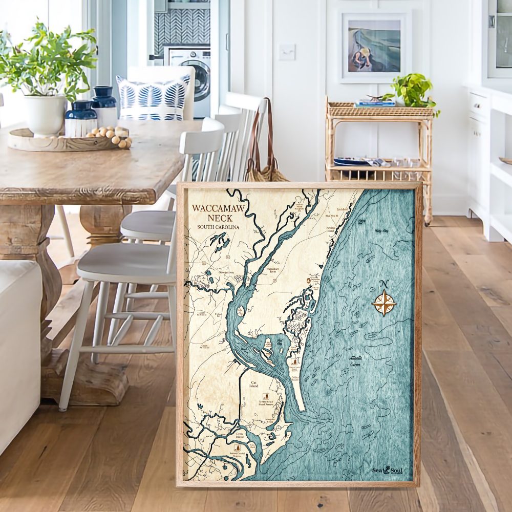 Waccamaw Neck Nautical Map Wall Art Oak Accent with Blue Green Water Sitting in Kitchen by Dining Table