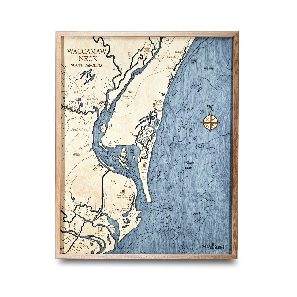Waccamaw Neck Nautical Map Wall Art Oak Accent with Deep Blue Water