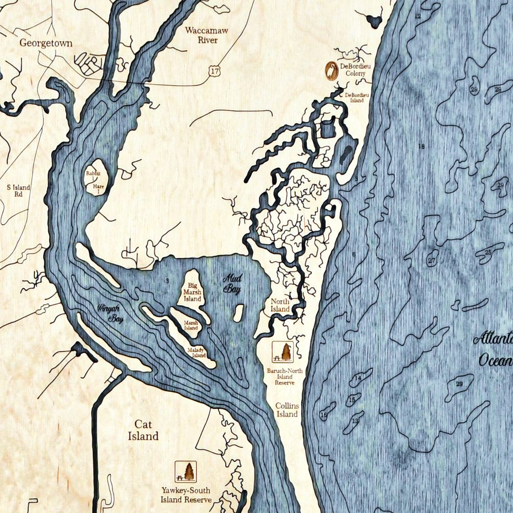 Waccamaw Neck Nautical Map Wall Art Oak Accent with Deep Blue Water Detail Shot 2