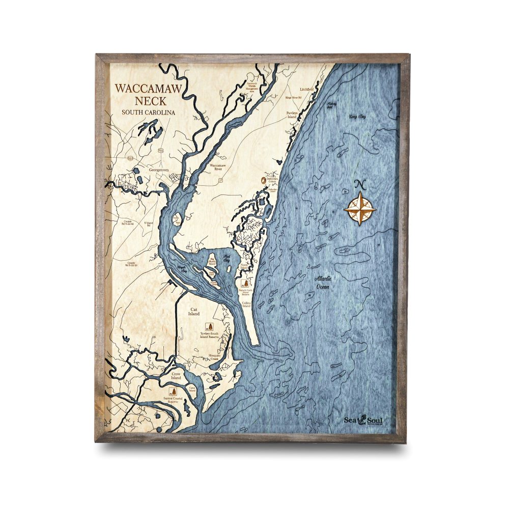 Waccamaw Neck Nautical Map Wall Art Rustic Pine Accent with Deep Blue Water