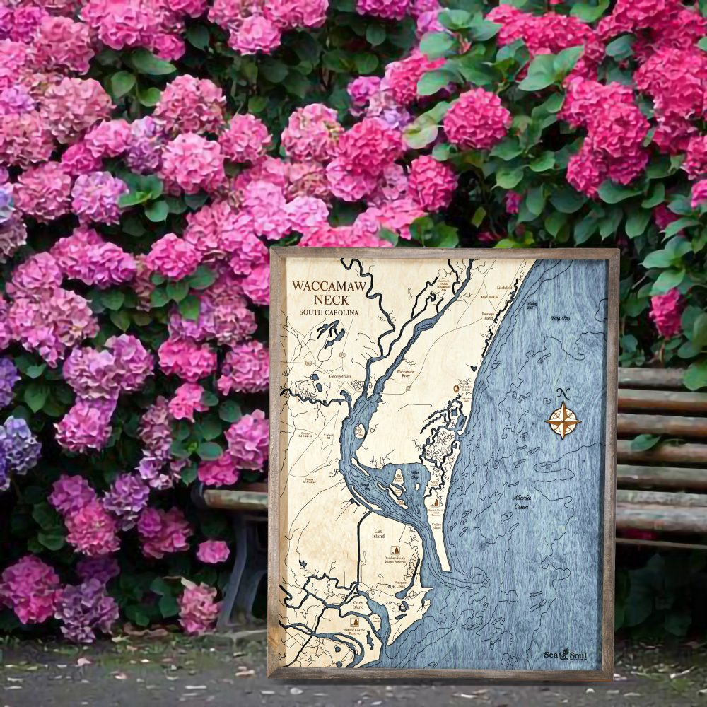 Waccamaw Neck Nautical Map Wall Art Rustic Pine Accent with Deep Blue Water Sitting Outside by Bench and Flowers