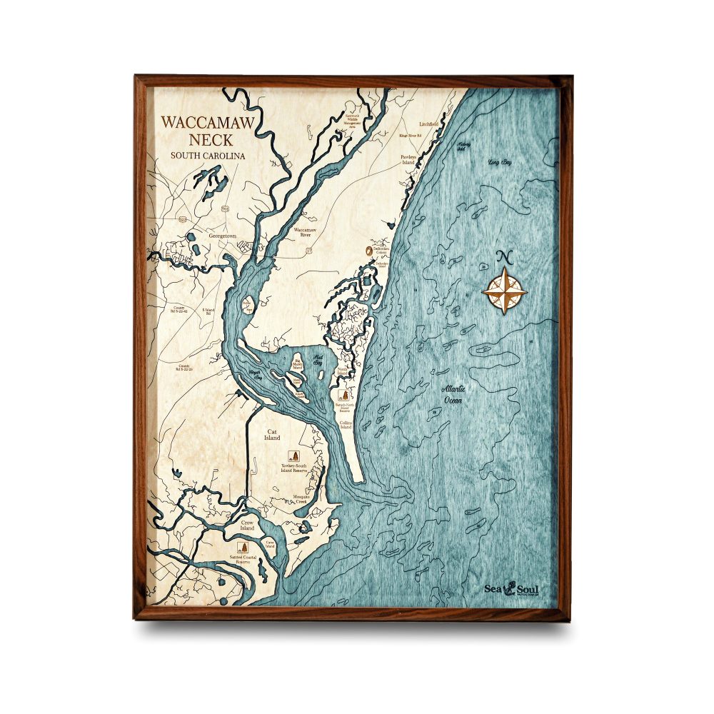 Waccamaw Neck Nautical Map Wall Art Walnut Accent with Blue Green Water