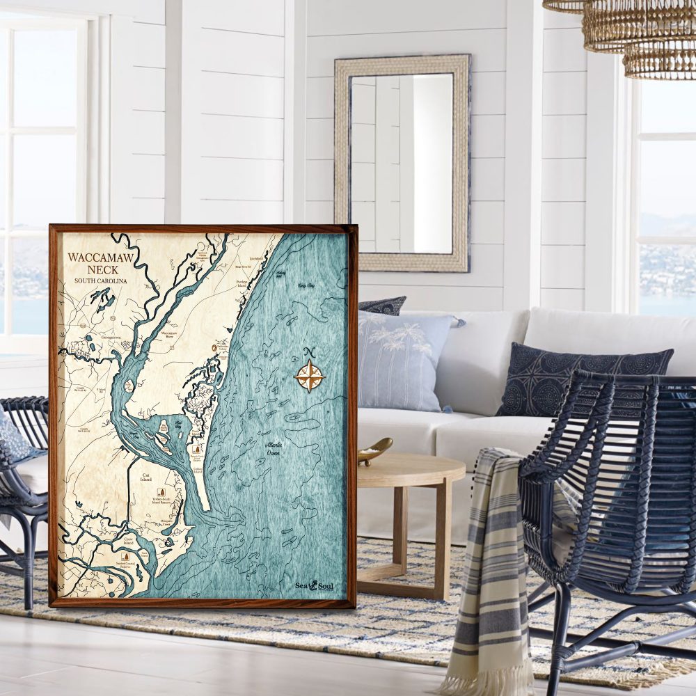 Waccamaw Neck Nautical Map Wall Art Walnut Accent with Blue Green Water Sitting in Living Room by Coffee Table and Chair