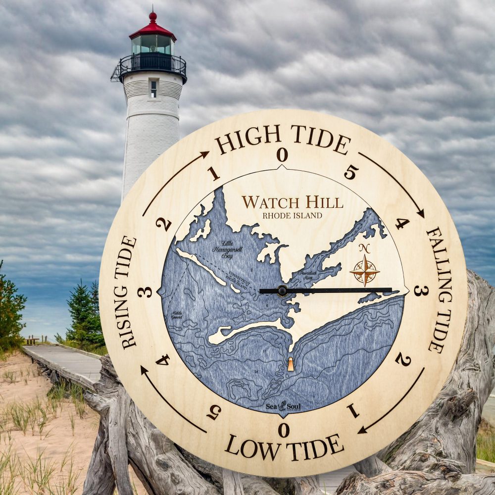 Watch Hill Tide Clock Birch Accent with Deep Blue Water by Lighthouse and Waterfront
