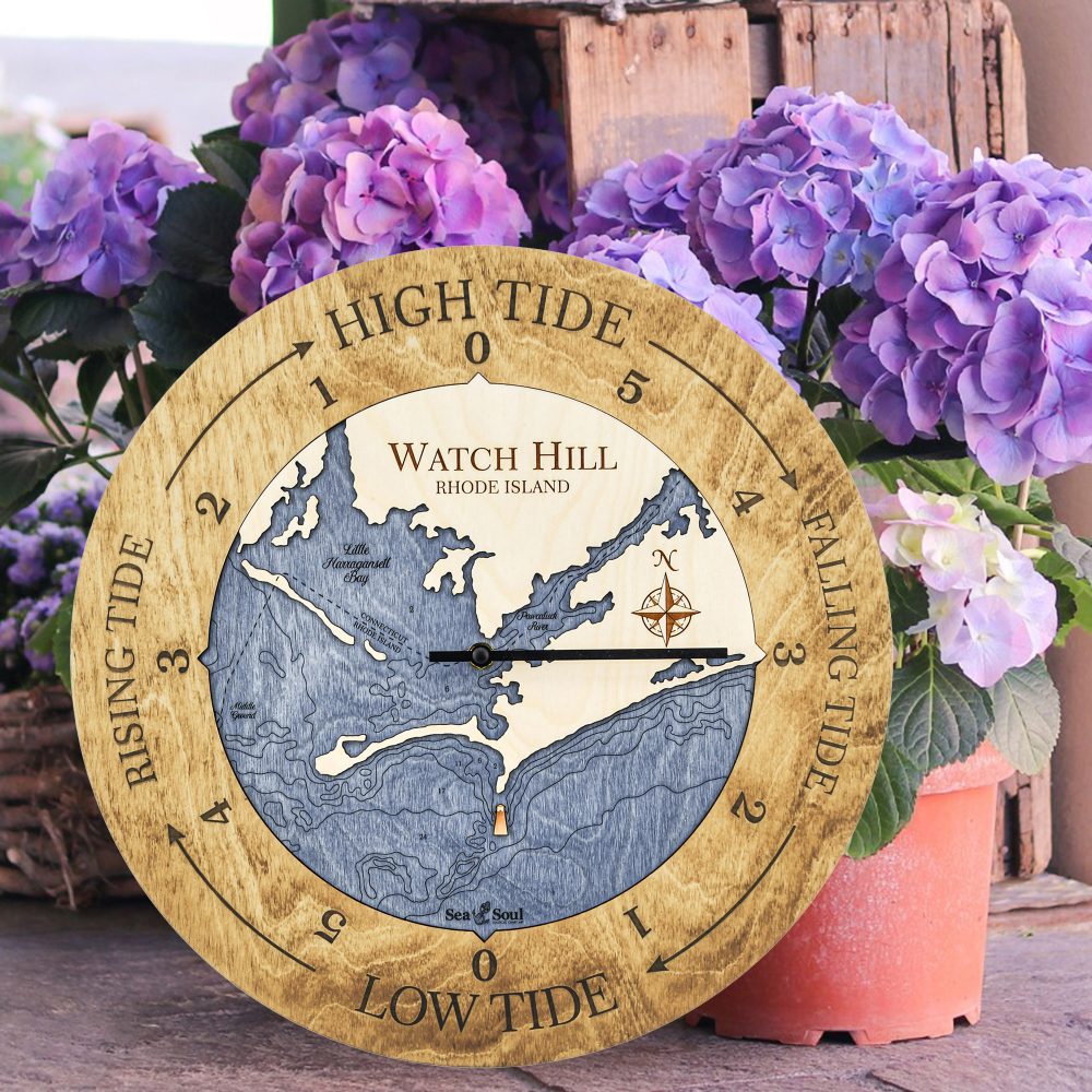 Watch Hill Tide Clock Honey Accent with Deep Blue Water Sitting on Ground by Flower Pots