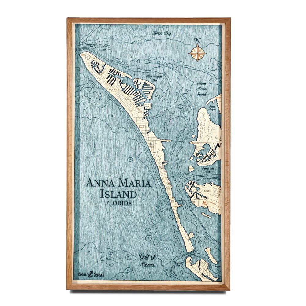 Anna Maria Island Nautical Map Wall Art Cherry Accent with Blue Green Water