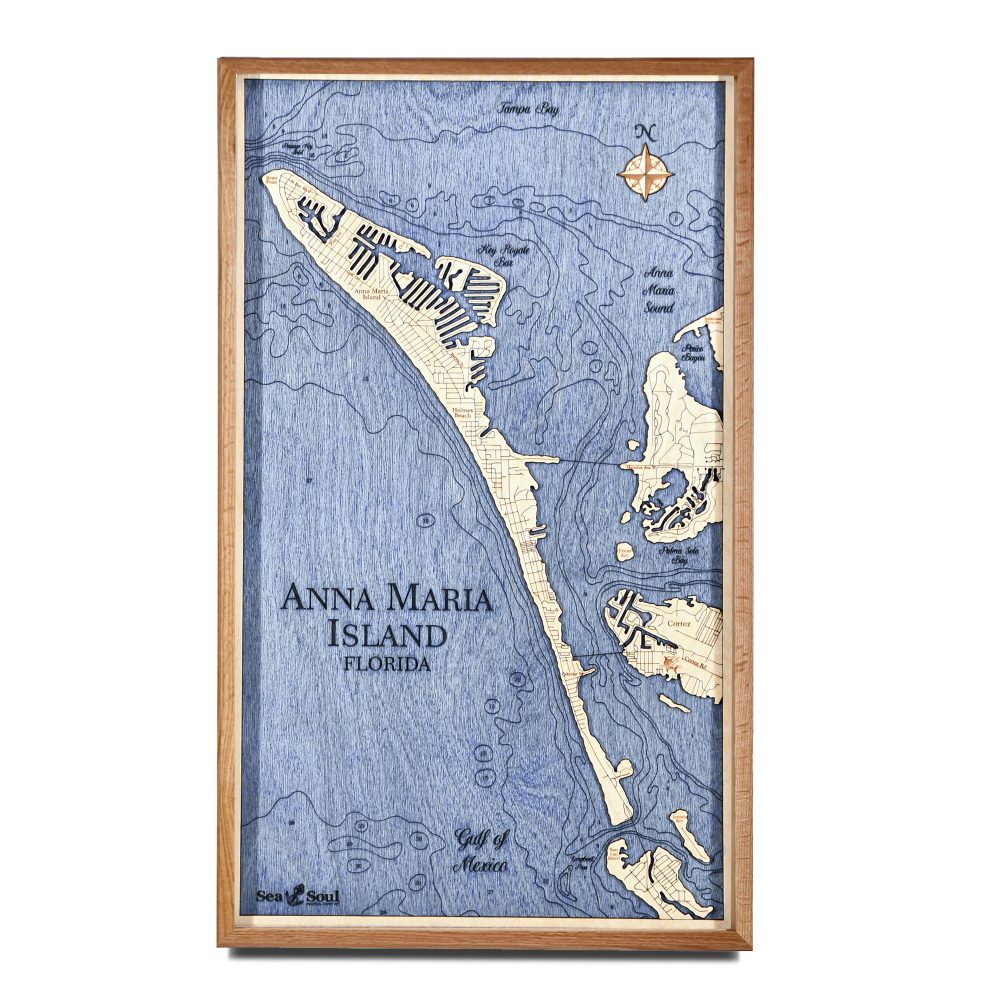 Anna Maria Island Nautical Map Wall Art Cherry Accent with Deep Blue Water