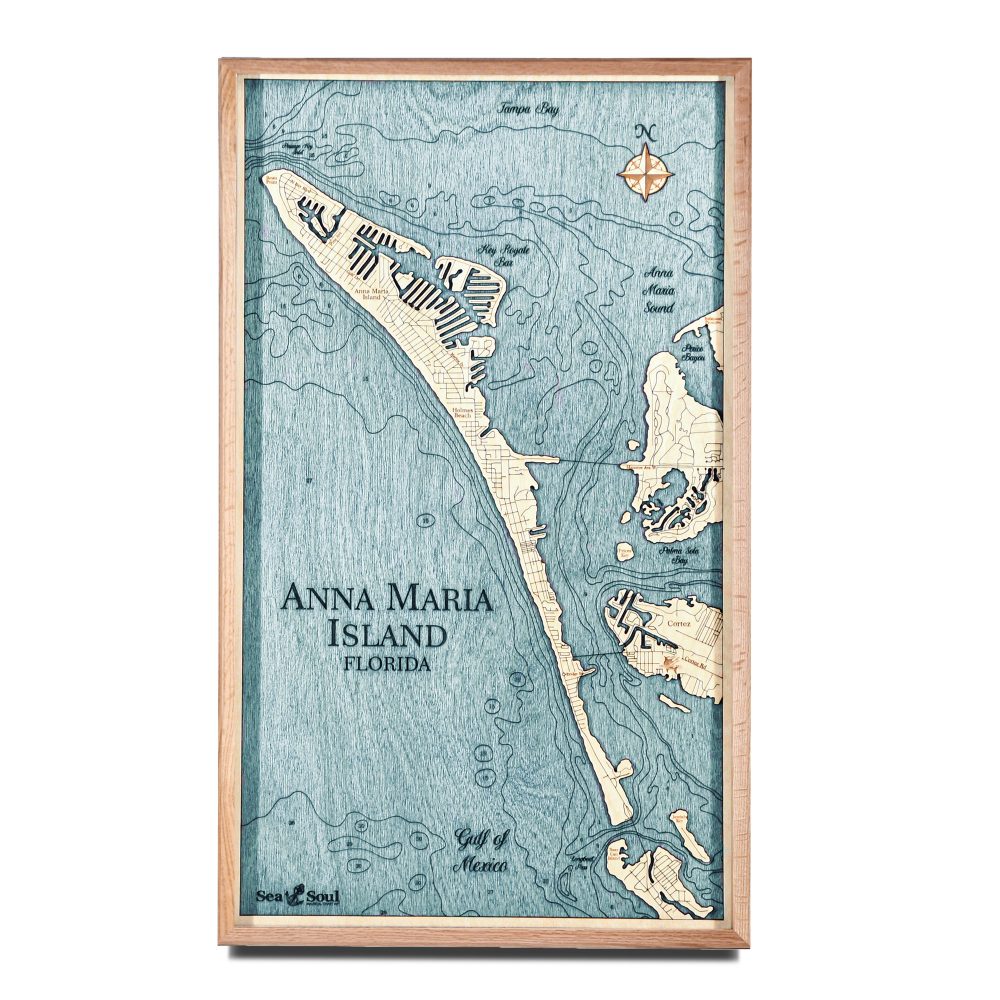 Anna Maria Island Nautical Map Wall Art Oak Accent with Blue Green Water