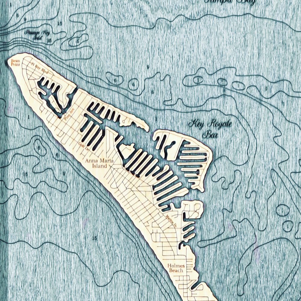 Anna Maria Island Nautical Map Wall Art Oak Accent with Blue Green Water Detail Shot 1