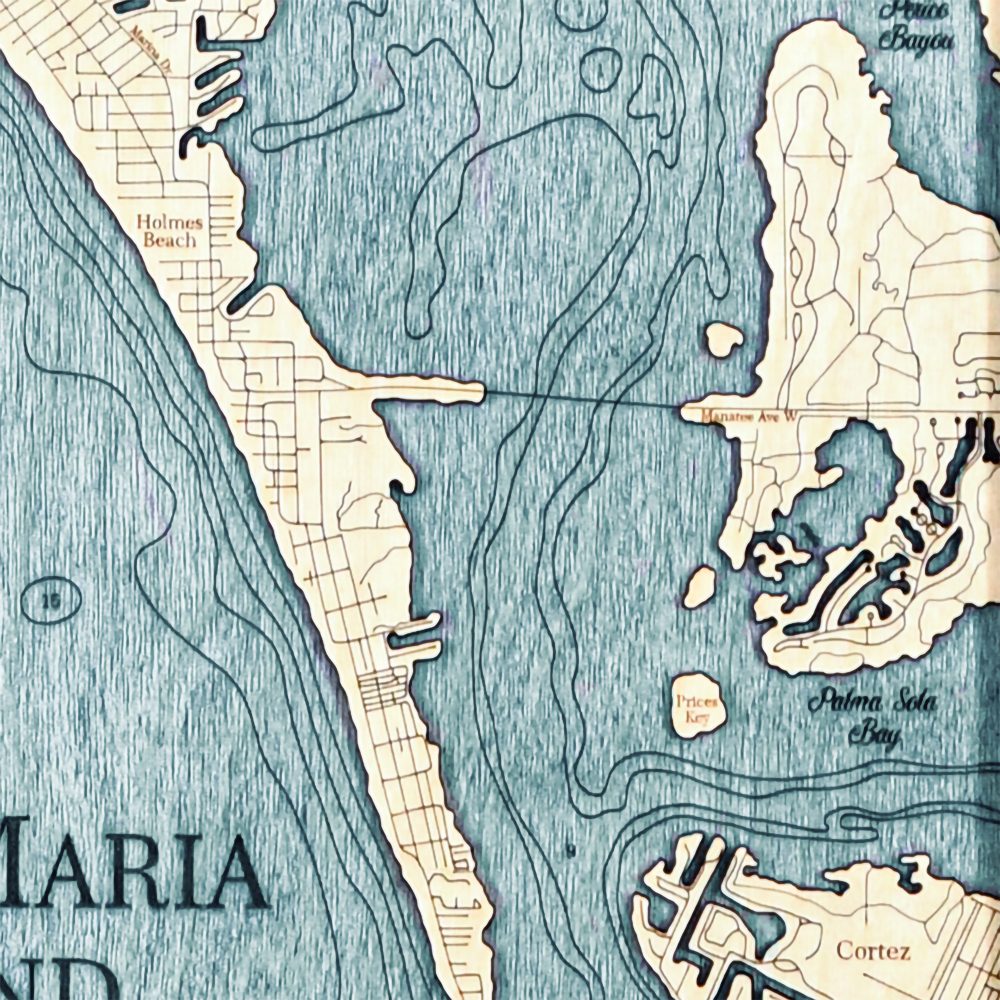 Anna Maria Island Nautical Map Wall Art Oak Accent with Blue Green Water Detail Shot 2