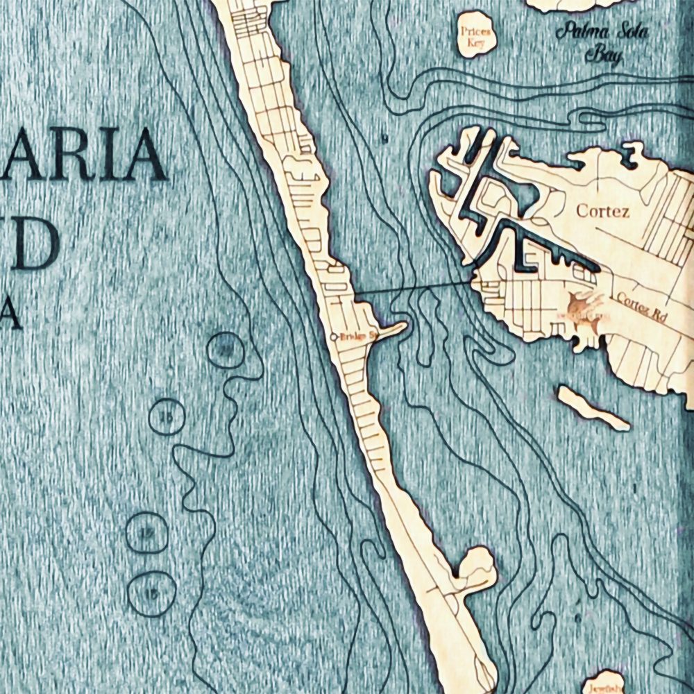 Anna Maria Island Nautical Map Wall Art Oak Accent with Blue Green Water Detail Shot 3
