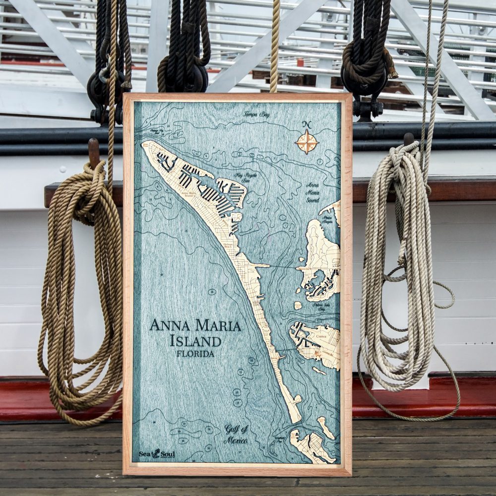 Anna Maria Island Nautical Map Wall Art Oak Accent with Blue Green Water Sitting on Dock by Boat