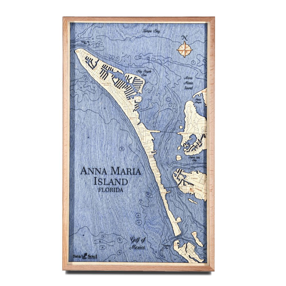 Anna Maria Island Nautical Map Wall Art Oak Accent with Deep Blue Water