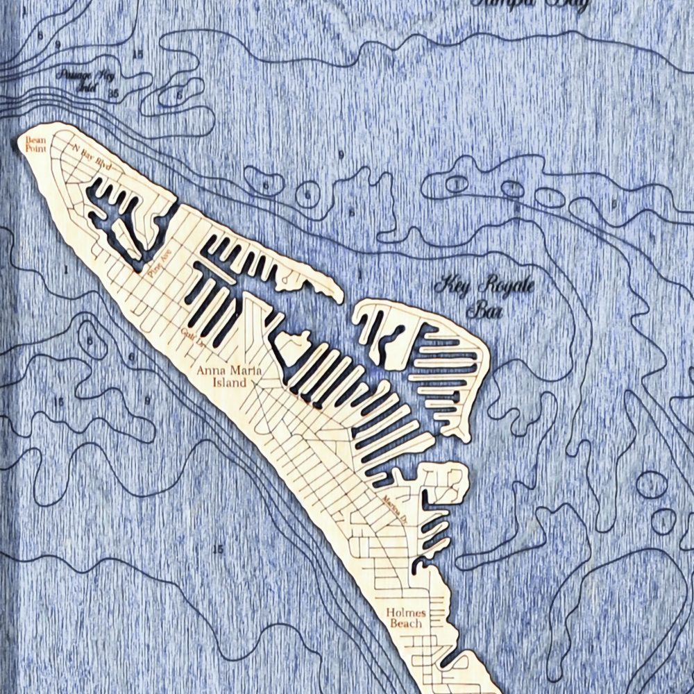 Anna Maria Island Nautical Map Wall Art Oak Accent with Deep Blue Water Detail Shot 1