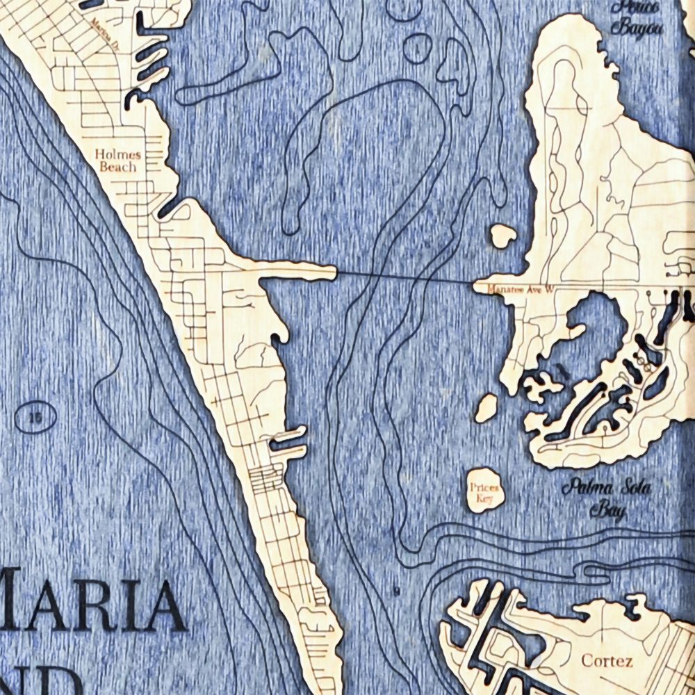 Anna Maria Island Nautical Map Wall Art Oak Accent with Deep Blue Water Detail Shot 2