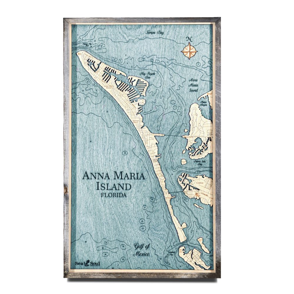 Anna Maria Island Nautical Map Wall Art Rustic Pine Accent with Blue Green Water