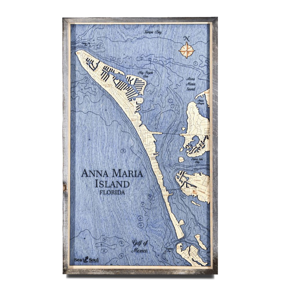 Anna Maria Island Nautical Map Wall Art Rustic Pine Accent with Deep Blue Water