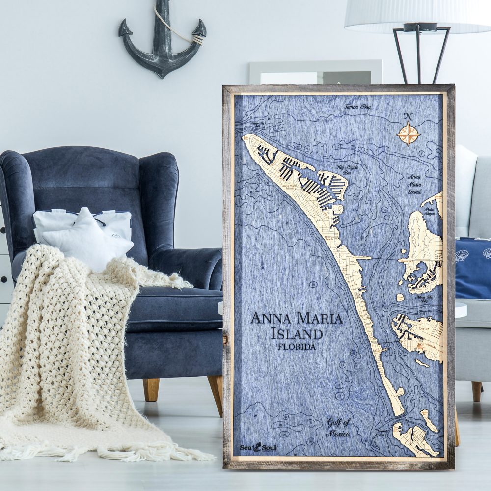 Anna Maria Island Nautical Map Wall Art Rustic Pine Accent with Deep Blue Water Sitting in Living Room by Armchair