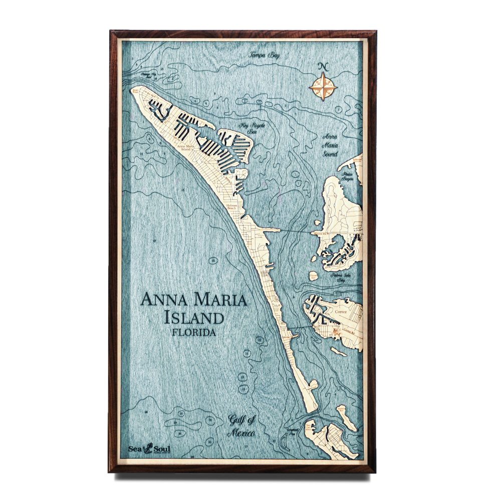 Anna Maria Island Nautical Map Wall Art Walnut Accent with Blue Green Water