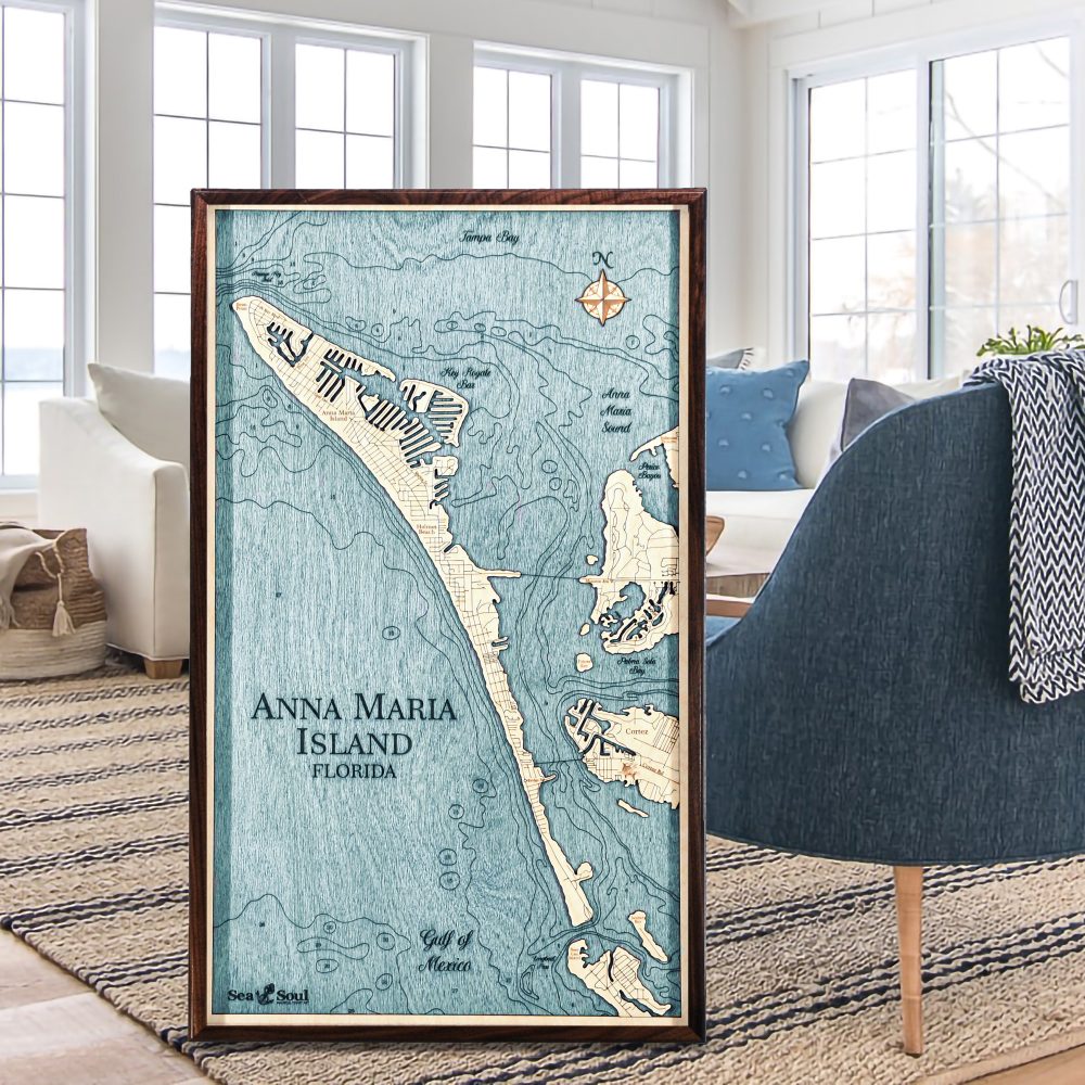 Anna Maria Island Nautical Map Wall Art Walnut Accent with Blue Green Water Sitting in Living Room by Armchair