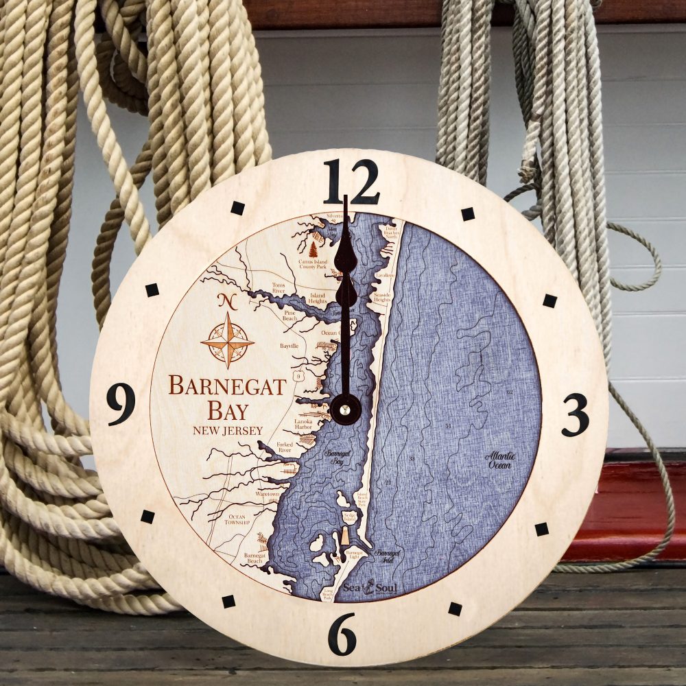Barnegat Bay Nautical Map Wall Art Birch Accent with Deep Blue Water Sitting on Dock by Boat