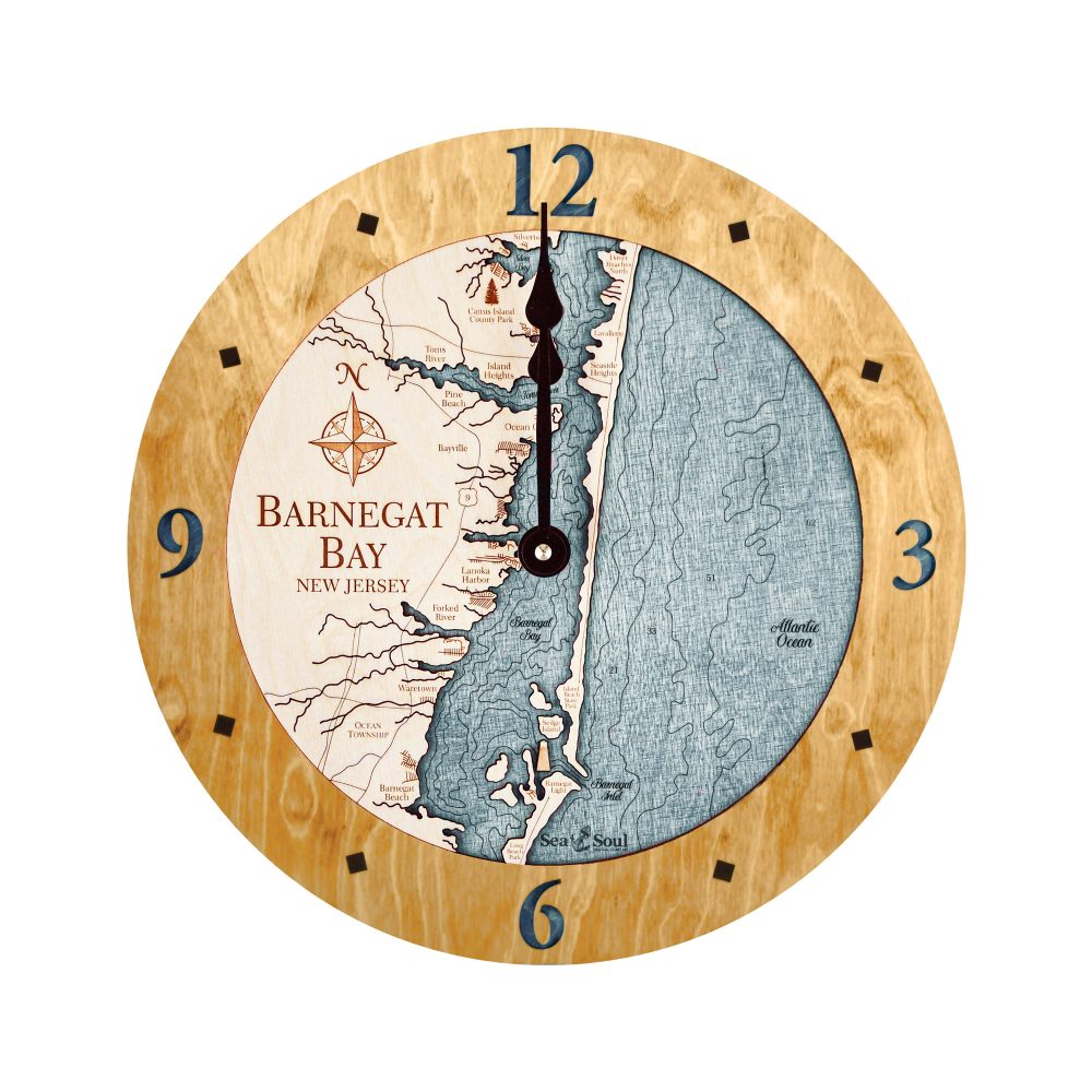 Barnegat Bay Nautical Map Wall Clock Honey Accent with Blue Green Water
