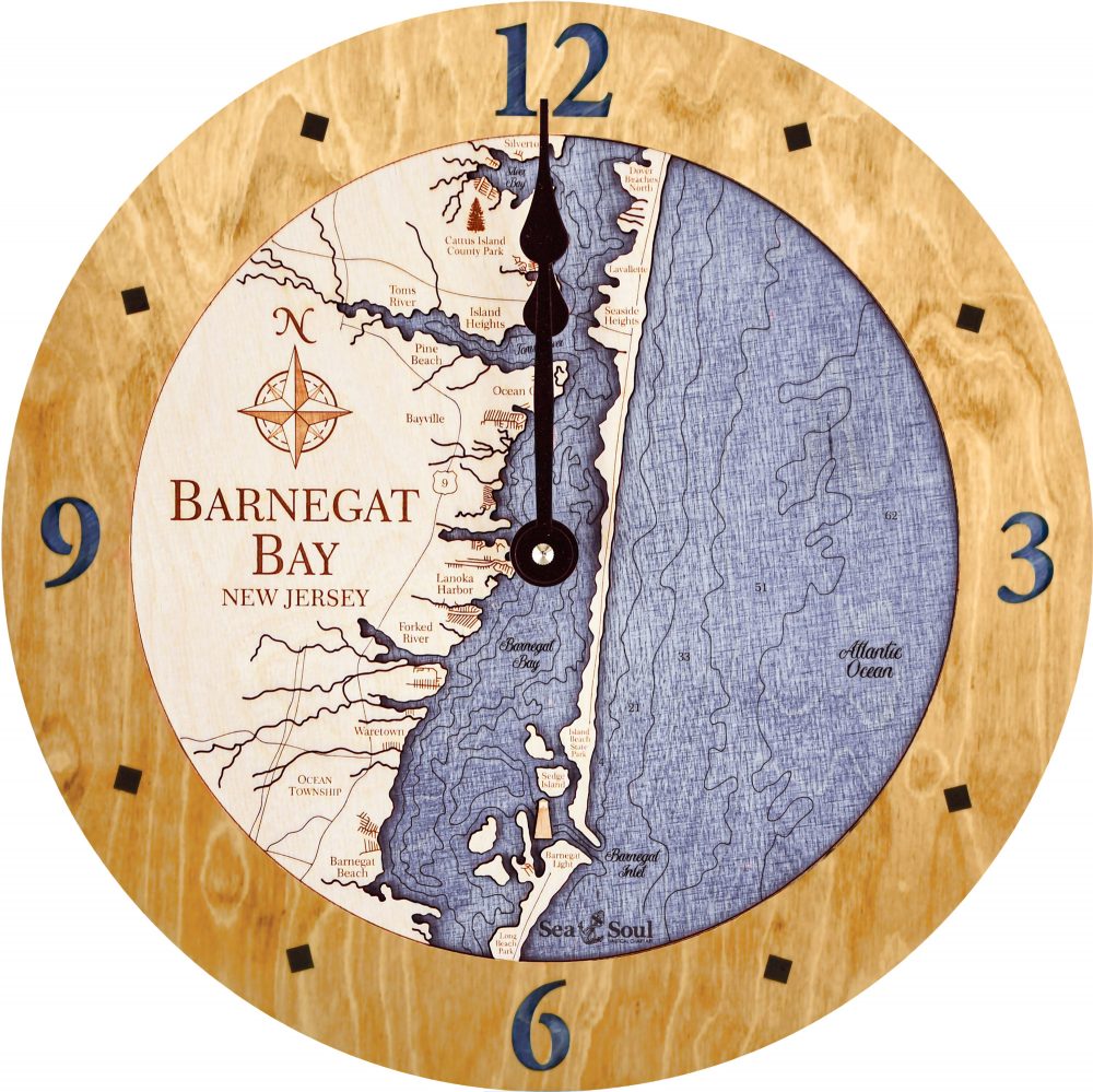 Barnegat Bay Nautical Map Wall Clock Honey Accent with Deep Blue Water Product Shot