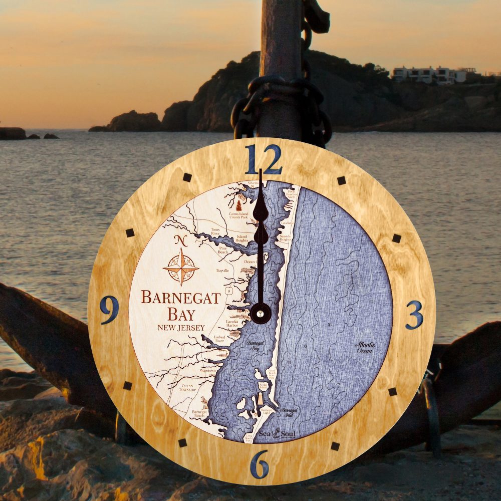 Barnegat Bay Nautical Map Wall Clock Honey Accent with Deep Blue Water Sitting on Rocks by Anchor and Waterfront