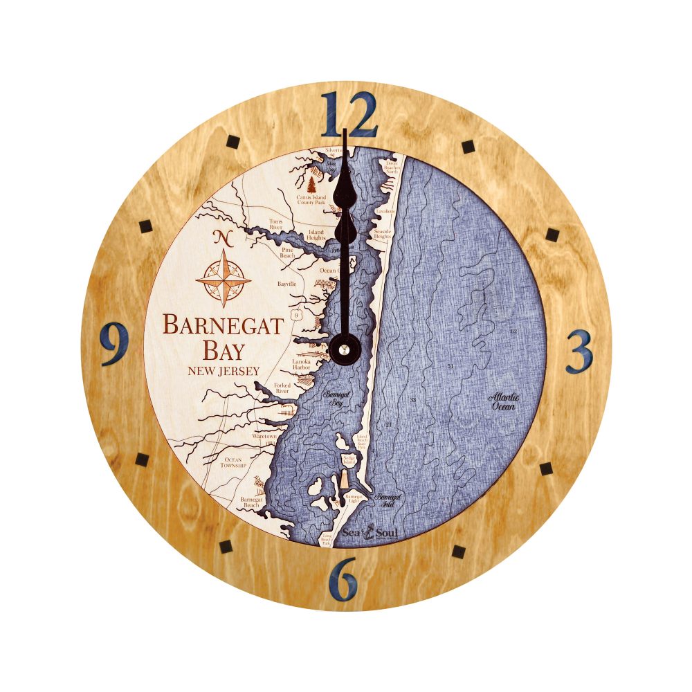Barnegat Bay Nautical Map Wall Clock Honey Accent with Deep Blue Water