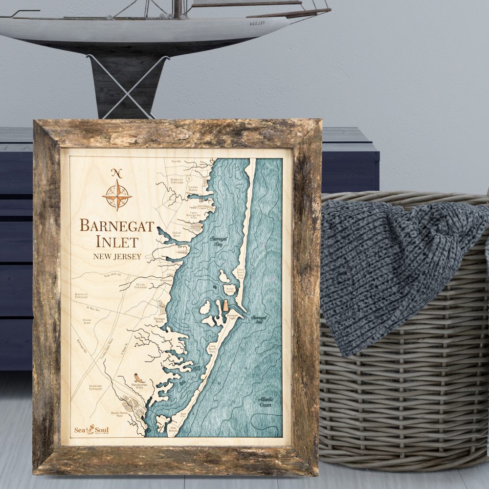 Barnegat Inlet Wall Art Rustic Pine Accent with Blue Green Water Sitting by Basket