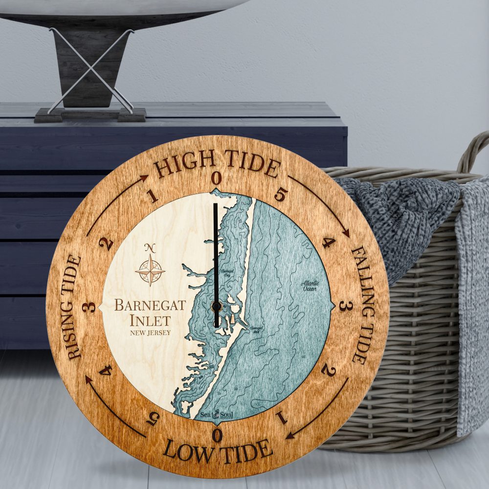 Barnegat Inlet Tide Clock Americana Accent with Blue Green Water Sitting on Ground by Basket