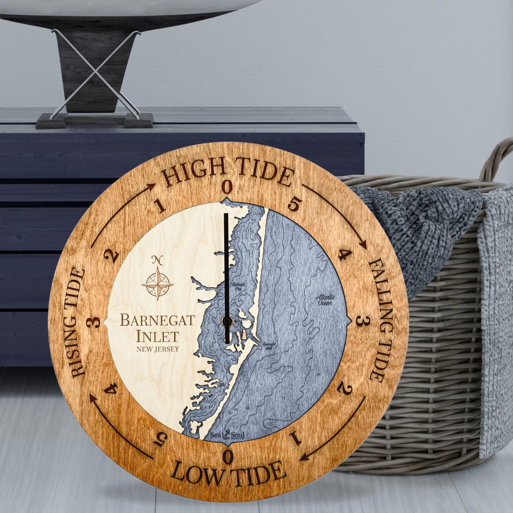 Barnegat Inlet Tide Clock Americana Accent with Deep Blue Water Sitting on Ground by Basket