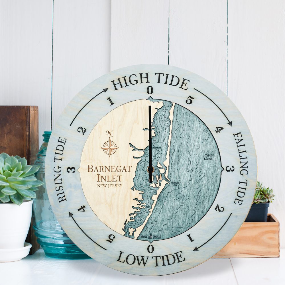 Barnegat Inlet Tide Clock Bleach Blue Accent with Blue Green Water Sitting by Succulents