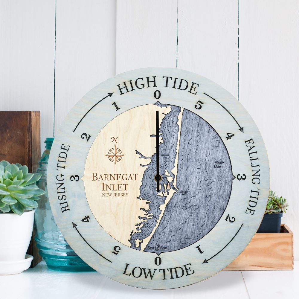 Barnegat Inlet Tide Clock Bleach Blue Accent with Deep Blue Water Sitting by Succulents