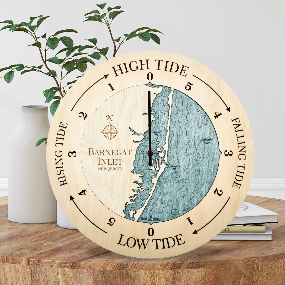 Barnegat Inlet Tide Clock Birch Accent with Blue Green Water Sitting on Coffee Table by Books and Vases