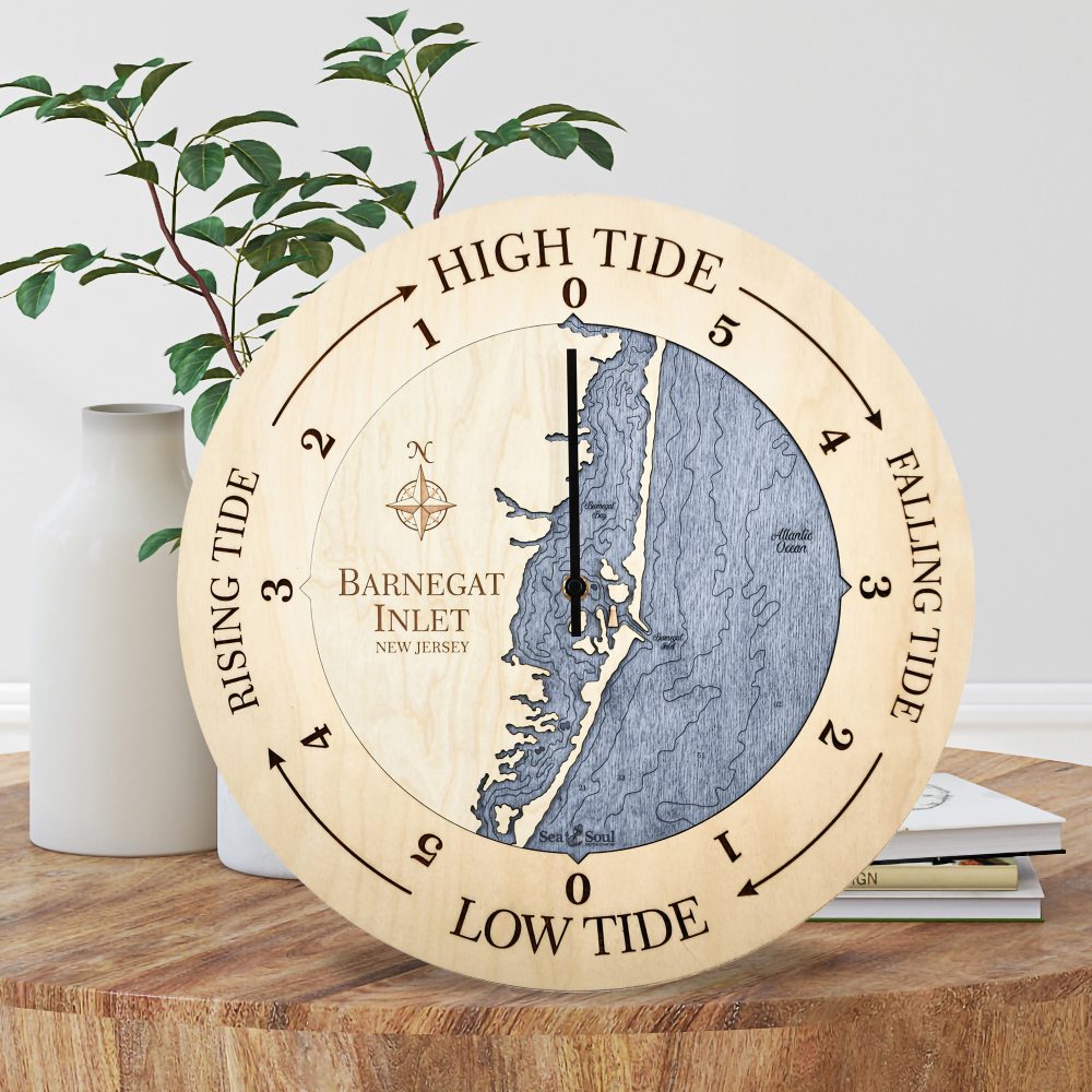 Barnegat Inlet Tide Clock Birch Accent with Deep Blue Water Sitting on Coffee Table by Books and Vases