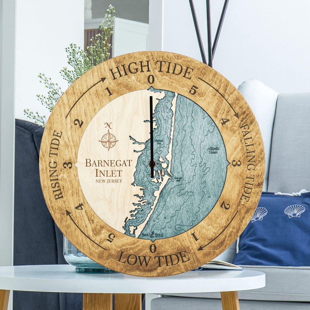 Barnegat Inlet Tide Clock Honey Accent with Blue Green Water Sitting on Coffee Table