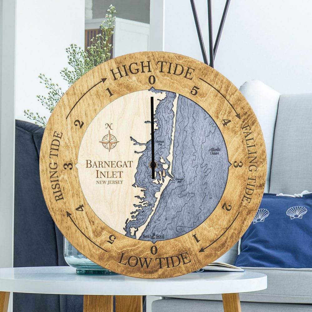 Barnegat Inlet Tide Clock Honey Accent with Deep Blue Water Sitting on Coffee Table