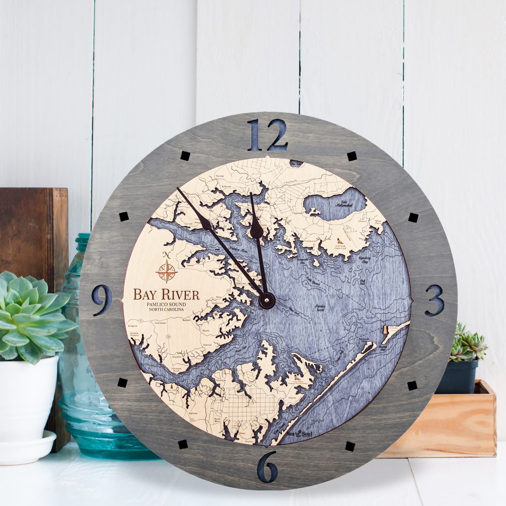 Bay River Nautical Wall Clock Driftwood Accent with Blue Green Water Sitting by Succulents