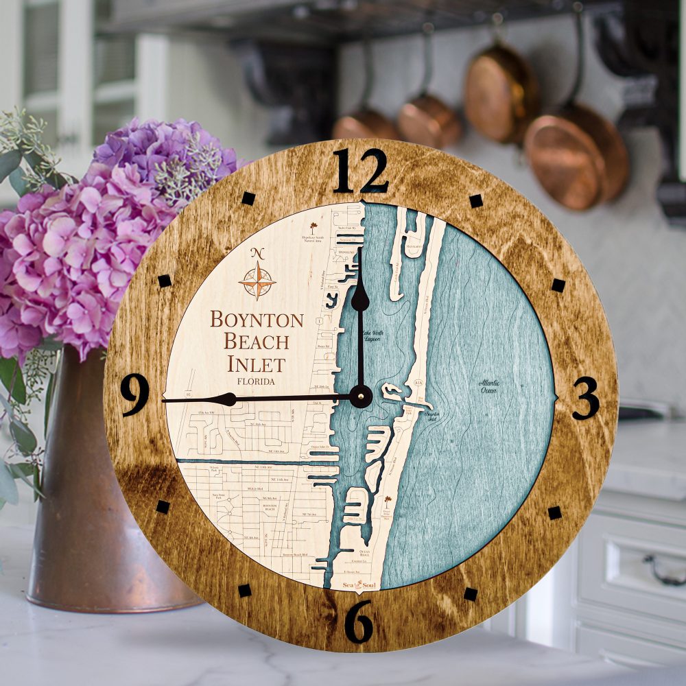 Boyton Beach Nautical Map Wall Art Americana Accent with Blue Green Water Sitting on Counter by Flowers