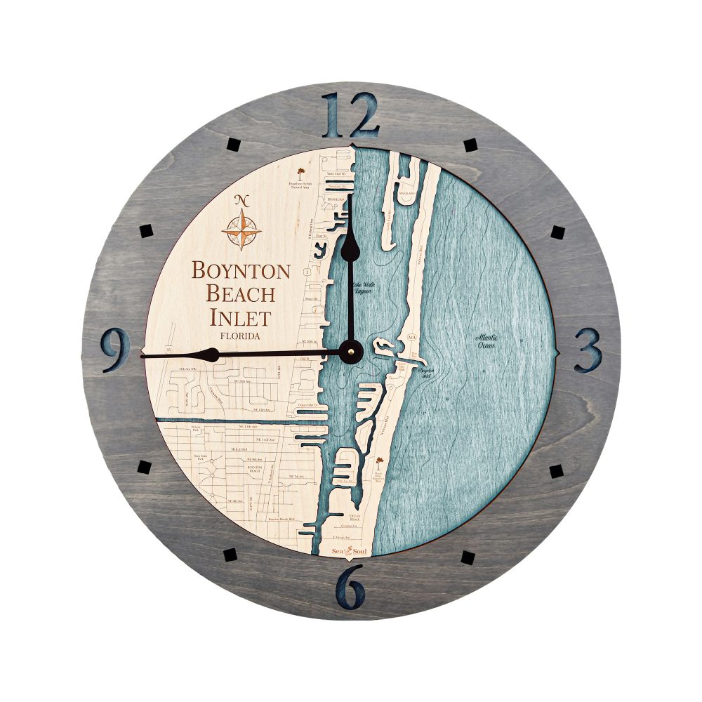 Boynton Beach Nautical Map Wall Clock Driftwood Accent with Blue Green Water