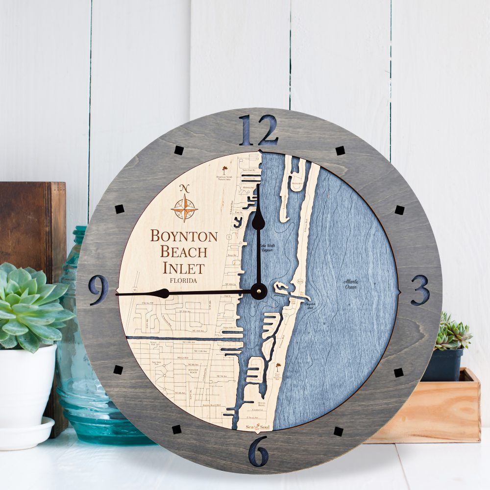 Boynton Beach Nautical Map Wall Clock Driftwood Accent with Deep Blue Water Sitting by Succulents