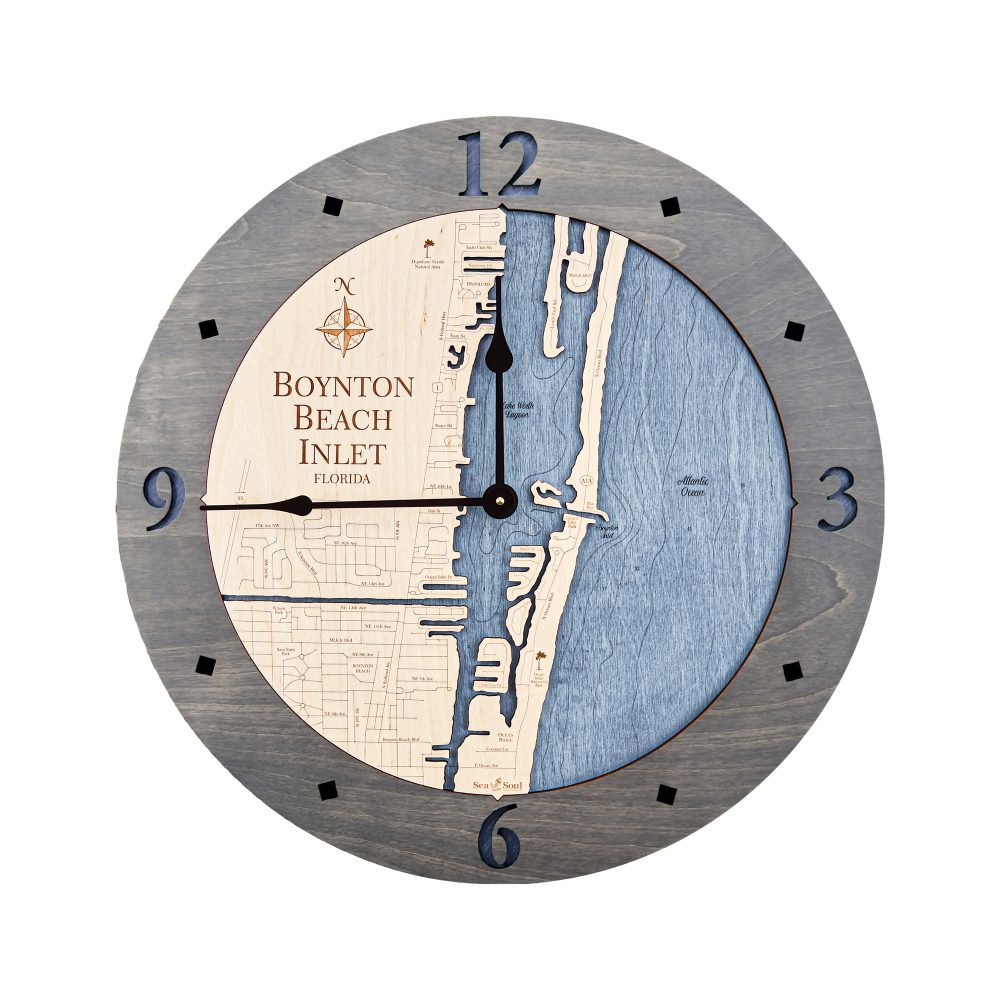 Boynton Beach Nautical Map Wall Clock Driftwood Accent with Deep Blue Water