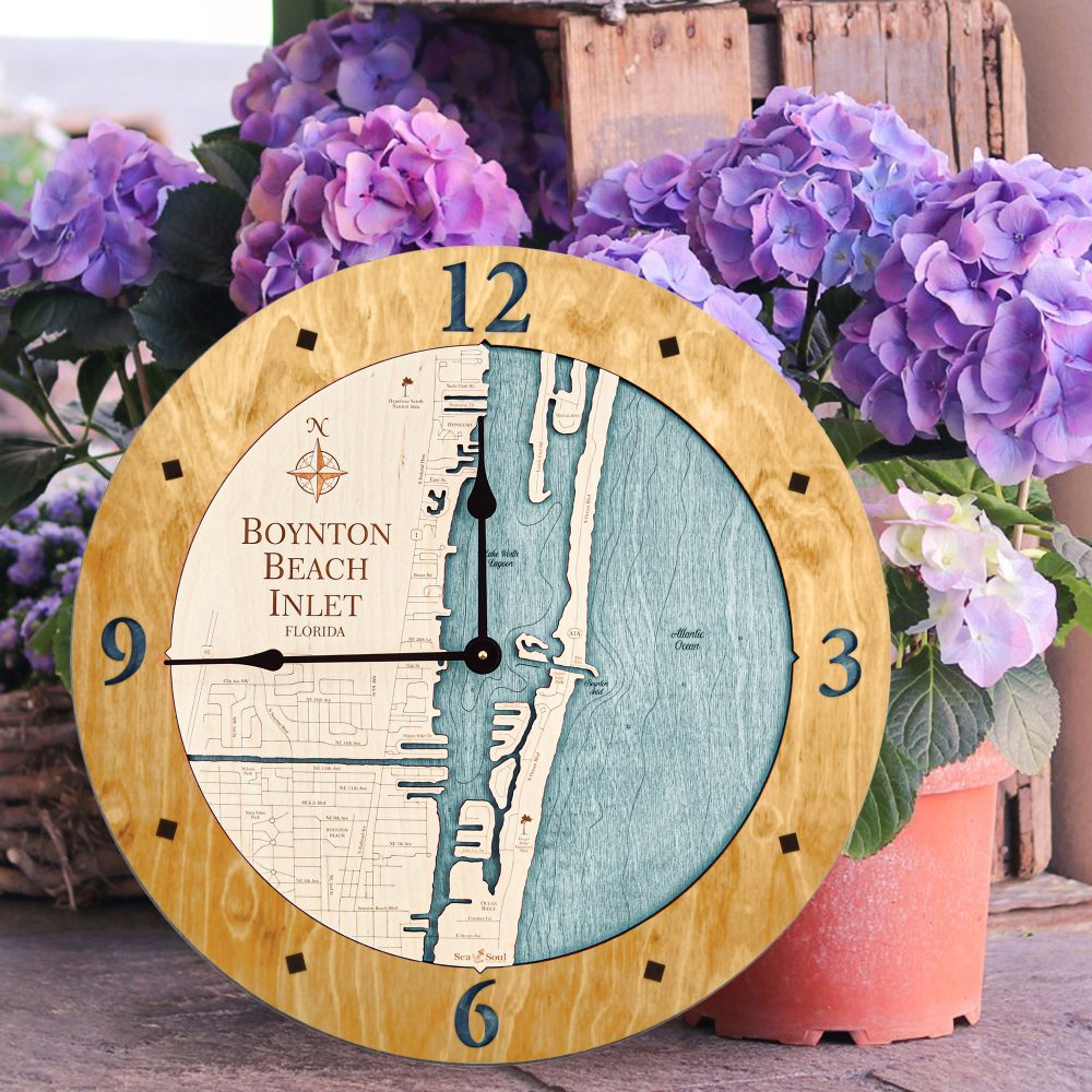 Boynton Beach Nautical Map Wall Art Honey Accent with Blue Green Water Sitting on Ground by Flower Pots