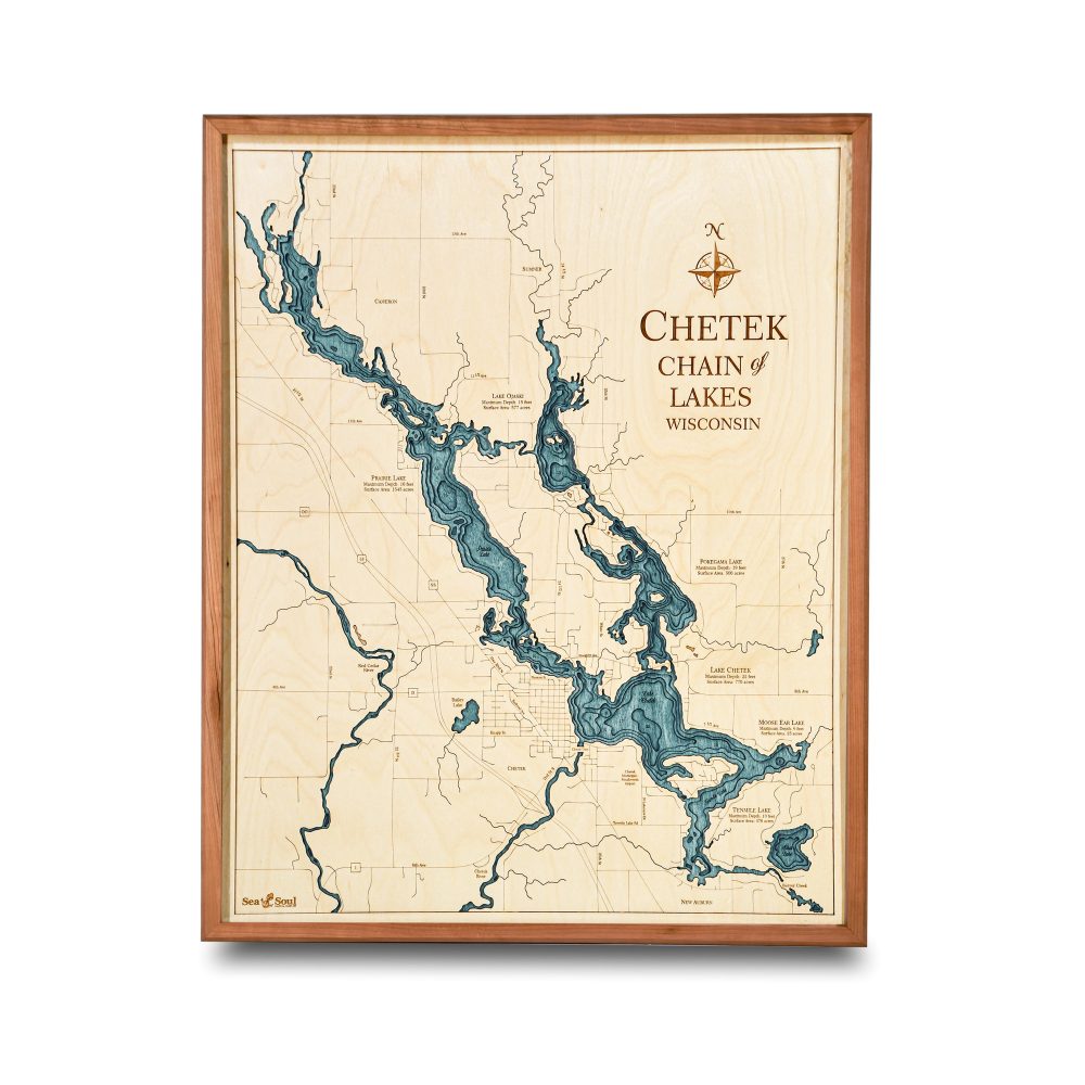 Chetek Chain Nautical Map Wall Art Cherry Accent with Blue Green Water