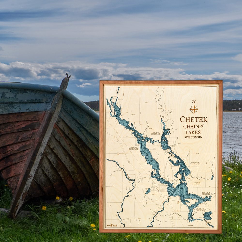 Chetek Chain Nautical Map Wall Art Cherry Accent with Blue Green Water Sitting by Boat and Waterfront