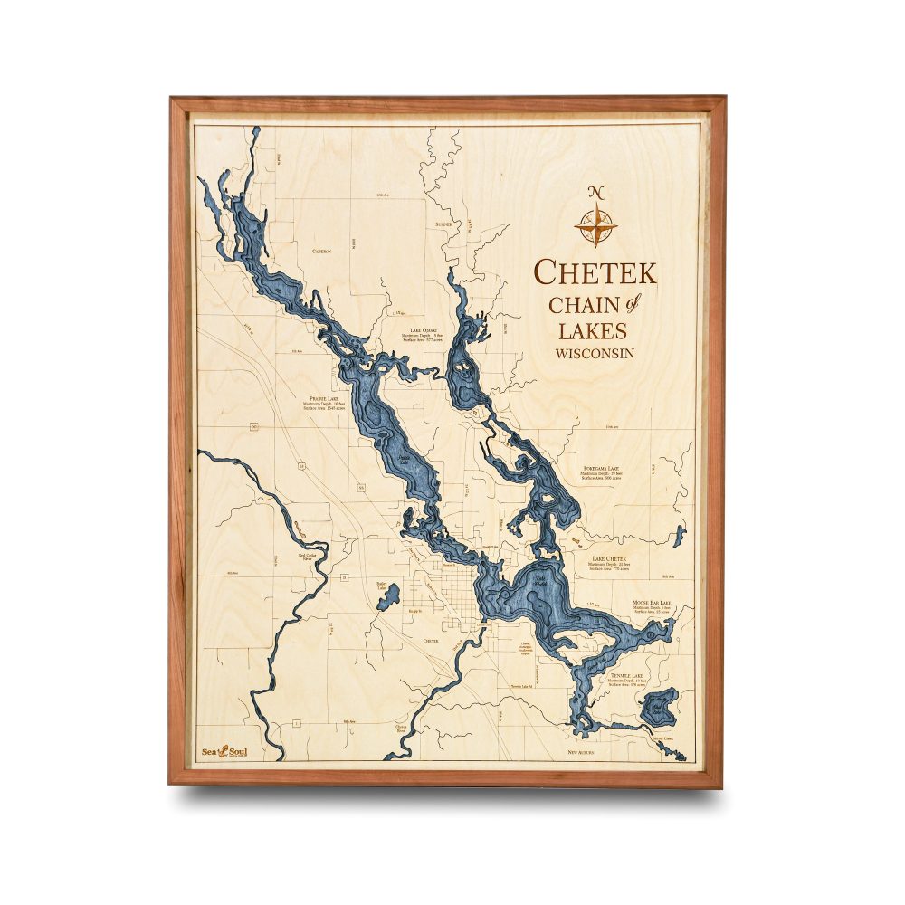 Chetek Chain Nautical Map Wall Art Cherry Accent with Deep Blue Water